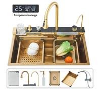 Or brossé Évier Cuisine Cascade inox Professionnel, lavabo Cuisine à Encastre Multifonctionnelr avec Robinet Rétractable 75*45 cm