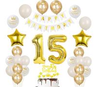 Or Décoration 15 ans fille anniversaire ballons 15 ans garcon, bannière Happy Birthday guirlande de fanions, décoration anniversaire 15 fille garcon ballon, déco de gâteau dorée 15