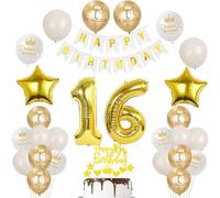 Or Décoration 16 ans fille anniversaire ballons 16 ans garcon, bannière Happy Birthday guirlande de fanions, décoration anniversaire 16 fille garcon ballon, déco de gâteau dorée 16