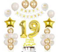 Or Décoration 19 ans fille anniversaire ballons 19 ans garcon, bannière Happy Birthday guirlande de fanions, décoration anniversaire 19 fille garcon ballon, déco de gâteau dorée 19