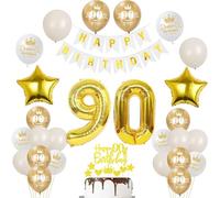 Or Décoration 90 ans homme anniversaire ballons 90 ans femme, bannière Happy Birthday guirlande de fanions, décoration anniversaire 90 homme femme ballon, déco de gâteau dorée 90
