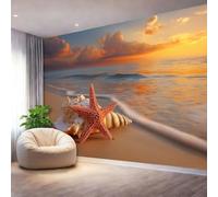 Or Décoration Murale Plage Coucher De Soleil Étoiles De Mer,Papier Peint Mural Intissé Design pour Salon & Chambre à Coucher - Photo Murale Grand Format pour Bureau & Mur TV 200 x 140 cm（WxH)