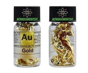 Or Élément 79 au , Feuille 24k 99,99 % en Flacon de Verre avec Etiquette