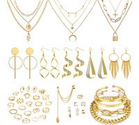 Or Ensemble de Bijoux pour Femme Vintage Chaîne Or Bagues Collier Chaîne Superposé Ensemble Femme Punk Goth Empilable Réglable Bagues Or Ensemble Colliers de Bracelet Superposés Ensemble Femme