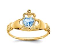 Or jaune 14 carats - Zircon cubique poli - Diamant simulé - Mars - Claddagh irlandais - Nœud de trinité celtique - Cœur d'amour - Taille 7,00 - Bague de déclaration pour femme