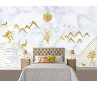 Or Lignes Oiseaux En Vol Arbres Élans Papier Peint 3D Installation Facile Intissé Tapisserie Bureau Salon Canapé Chambre Décoration Murale-350cm×256cm