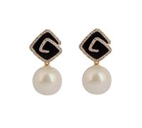 Or Noir Émail Carré Perle Boucles D'oreilles, Cristal Frontière Géométrique Balancent Bijoux