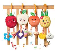 OR OR TU Jouet Bebe 0 3 6 9 Mois Jouet Eveil Bebe avec Anneaux de Dentition Cloche 4pcs Peluche Fruits Hochet Bebe Lit de Bebe Poussette Jouet pour Cadeau Naissance