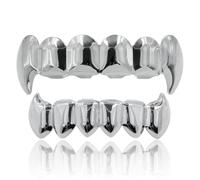 Or plaqué Argent Hip HOP Teeth Grillz Ensemble de grilles supérieures et inférieures avec Silicone Véritables Ensembles de Dents de Vampire Brillantes,Argent