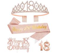 Or Rose 18 Ans Decoration Anniversaire, Inclus 18 ans Echarpe et Couronne Anniversaire,Bougie,Happy Birthday Cake Toppers Decoration Fille Femme