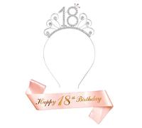 Or Rose 18 Ans Joyeux Anniversaire Echarpe Deguisement et 18 Bandeaux Couronne Strass pour 18 Ans Anniversaire Décorations Filles Cadeau