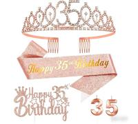 Or Rose 35 Ans Decoration Anniversaire, Inclus 35 ans Echarpe et Couronne Anniversaire,Bougie,Happy Birthday Cake Toppers Decoration Fille Femme