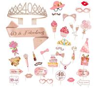Or Rose 40 Ans Couronne et Écharpe et Photobooth Selfie Props Kit, Selfie Props Kit Birthday Photo Props Fournitures Cristal de Tiare DIY Photo Booth Accessoires Decoration pour Femme Fille