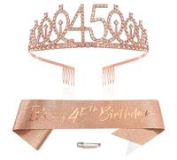 Or Rose 45th Anniversaire Couronne et Écharpe Fille 45e Anniversaire Décoration Strass Anniversaire Tiare Princesse Couronne Queen Tiara Anniversaire Fille 45 Anniversaire Décoration Fête Vêtements
