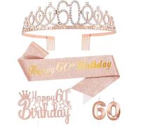 Or Rose 60 Ans Decoration Anniversaire, Inclus 60 ans Echarpe et Couronne Anniversaire,Bougie,Happy Birthday Cake Toppers Decoration Fille Femme