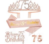 Or Rose 75 Ans Decoration Anniversaire, Inclus 75 ans Echarpe et Couronne Anniversaire,Bougie,Happy Birthday Cake Toppers Decoration Fille Femme