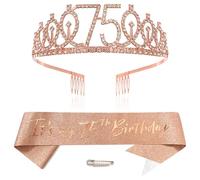 Or Rose 75th Anniversaire Couronne et Écharpe Fille 75e Anniversaire Décoration Strass Anniversaire Tiare Princesse Couronne Queen Tiara Anniversaire Fille 75 Anniversaire Décoration Fête Vêtements