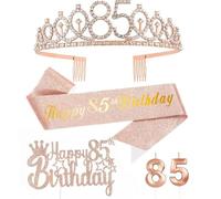 Or Rose 85 Ans Decoration Anniversaire, Inclus 85 ans Echarpe et Couronne Anniversaire,Bougie,Happy Birthday Cake Toppers Decoration Fille Femme