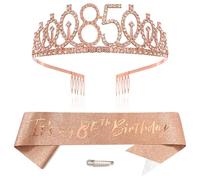 Or Rose 85th Anniversaire Couronne et Écharpe Fille 85e Anniversaire Décoration Strass Anniversaire Tiare Princesse Couronne Queen Tiara Anniversaire Fille 85 Anniversaire Décoration Fête Vêtements