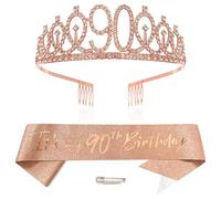 Or Rose 90th Anniversaire Couronne et Écharpe Fille 90e Anniversaire Décoration Strass Anniversaire Tiare Princesse Couronne Queen Tiara Écharpe d'anniversaire Filles 90 ans Décoration Fête Vêtements