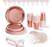Or Rose Vaisselle de Fête 99 Pièces Vaisselle Papier Set Assiettes en Papier, Serviettes, Tasses, Nappe, Bannière, pour Anniversaire, Obtention du Diplôme, Mariage, Fête de Célibataires (24 Invités)