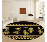 Or Tapis Salon Rond Lavable en Machine Ø 90 cm, Tapis Pile Courte Confortable Douce - Moquette Interieur Antidérapant Motifs Rétro Traditionnels Motifs Géométriques pour Décoration de Salon Chambre