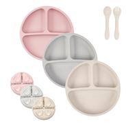 ORAGKE Assiette Bebe Ventouse, 3 Assiettes Ventouse pour Bébé, Assiette Compartiment Enfant, avec Fourchette et Cuillère, Vaisselle Bebe Silicone sans BPA, Lavables en Lave-Vaisselle (Rose/Beige/Gris)
