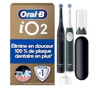 Oral-B Brosse A Dents Electrique iO 2, Pack Duo, Maches Noir Nuit Et Vert, 3 Modes De Brossage Silencieux Dont Douceur, Capteur De Pression, 2 Brossettes Oral B De Rechange, Etui De Voyage