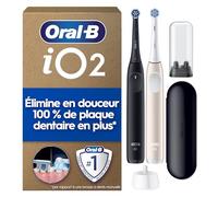 Oral-B iO 2 Duo Brosses A Dents Electriques Pour Adultes, Noire et Rose Clair, 3 Modes De Nettoyage, Doux Pour Les Gencives, Brossage Souple, 2 Brossettes Oral B De Rechange, Chargeur, Etui De Voyage