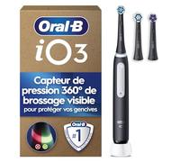 Oral-B Brosse à Dents Electrique iO 3, 3 Brossettes de Rechange, Noire - 3 Modes de Brossage Silencieux dont Douceur et Blancheur, Capteur de Pression sur les Gencives, Batterie Rechargeable