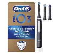Oral-B iO3 Brosse À Dents Électrique Noire, Un Capteur De Pression Pour Protéger Les Gencives Et Les Dents Sensibles, Des Accessoires, 3 Brossettes Douces De Rechange, 1 Chargeur, 3 Modes, Noire