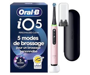 Oral-B Brosse à Dents Electrique iO 5 avec 1 Brossette de Rechange, Rose | 5 Modes de Brossage dont Douceur et Blancheur, Capteur de Pression sur les Gencives et d’Usure, Batterie Rechargeable, Etui