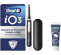 Oral-B Brosse à dents électrique rechargeable iO 3 noir, 1 brosse à dents électrique, 1 tête de rechange, étui de voyage + dentifrice Oral-B Advanced protection gencives, nettoyage efficace des dents