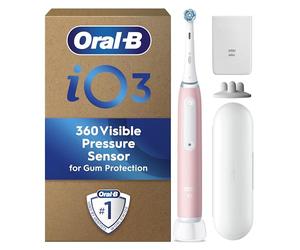 Oral-B Brosse à dents électrique Ultimate Clean iO 3 rose pâle, 1 support de recharge, 1 pochette de chargeur, 1 étui de voyage, conçue par Braun