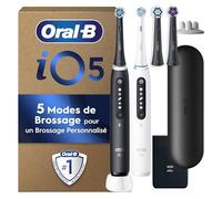 Oral-B iO 5 Duo 2 Brosses À Dents Électriques Pour Adultes, Noire Et Blanche, 5 Modes De Nettoyage Avec Sensible Pour Protéger Les Gencives, 4 Brossettes De Recharge, 1 Chargeur, 1 Étui De Voyage