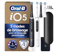 Oral-B Brosses A Dents Electriques Duo iO 5 Noire Et Blanche, 5 Modes De Brossage Dont Blancheur, Capteur De Pression Sur Les Gencives, 4 Brossettes De Rechange Oral B, Etui De Voyage, En Carton