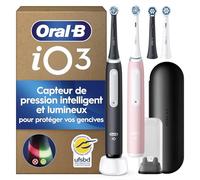 Oral-B Brosses à Dents Electriques iO 3 Duo, 4 Brossettes de Rechange, Noire et Rose - 3 Modes de Brossage dont Douceur et Blancheur, Capteur de Pression sur les Gencives, Batterie Rechargeable, Etui