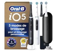 Oral-B iO 5 Duo 2 Brosses À Dents Électriques Pour Adultes, Noire Et Blanche, 5 Modes De Nettoyage Avec Sensible Pour Protéger Les Gencives, 4 Brossettes De Recharge, 1 Chargeur, 1 Étui De Voyage