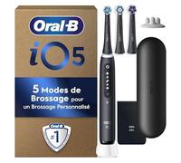 Oral-B Ensemble Brosse A Dents Electrique iO 5 Noire Et Lot De 4 Brossettes De Rechange Oral B iO Ultimate Clean, AUTHENTIQUES, Brossage Avec 5 Modes Dont Blancheur, Embouts Ronds, Etui Compris
