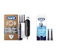 Oral-B Ensemble Brosse A Dents Electrique iO 9 Noire Et Lot De 2 Brossettes De Rechange Oral B Ultimate Clean, AUTHENTIQUES, 16 Zones De Brossage, 7 Modes Dont Blancheur, Embouts Ronds, Etui Compris