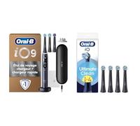 Oral-B Ensemble Brosse A Dents Electrique iO 9 Noire Et Lot De 4 Brossettes De Rechange Oral B Ultimate Clean, AUTHENTIQUES, 16 Zones De Brossage, 7 Modes Dont Blancheur, Embouts Ronds, Etui Compris