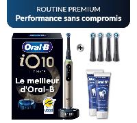 Oral-B iO10 Routine Premium : Performance sans compromis | Brosse à dents électrique iO10 Gold avec étui de voyage + 4 brossettes Gentle Care Noires + 2 dentifrices Oral-B Email Renforcé