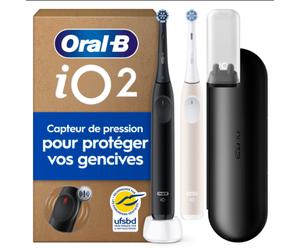Oral-B iO2 DUO Brosses À Dents Électriques Noire et Rose Clair, 2 Brossettes, 1 Étui De Voyage, 1 Porte-Brossettes De Voyage
