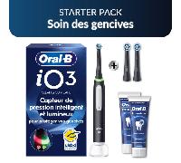 Oral-B iO3 Starter Pack : Soin des gencives | Brosse à dents électrique iO3 Noire + 2 brossettes Gentle Care Noires + 2 dentifrices Oral-B Email Renforcé