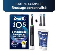 Oral-B iO5 Routine Complète : Brossage personnalisé | Brosse à dents électrique iO5 Noire avec étui de voyage + 2 brossettes Gentle Care Noires + 2 dentifrices Oral-B Email Renforcé