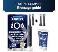 Oral-B iO6 Routine complète : Brossage guidé | Brosse à dents électrique iO6 Noire avec 2 brossettes et étui de voyage + 2 brossettes Gentle Care Noires + 2 dentifrices Oral-B Email Renforcé