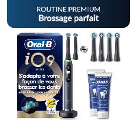 Oral-B iO9 Routine Premium : Brossage parfait | Brosse à dents électrique iO9 Noire avec 2 brossettes et étui de voyage + 4 brossettes Gentle Care Noires + 2 dentifrices Oral-B Email Renforcé