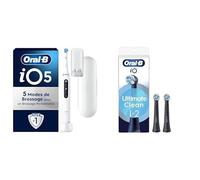 Oral-B Pack De Brosse A Dents Electrique iO 5, Avec 2 Brossettes De Rechange Ultimate Clean Oral B AUTHENTIQUES, Manche Blanc Et Embouts Noirs, Brossage En Profondeur Avec 5 Modes De Nettoyage