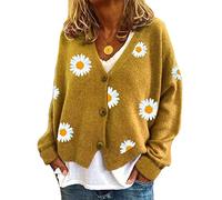 ORANDESIGNE A Jaune Femme Cardigan Manches Longues Mode Veste Courte Lâché Gilets en Tricot Imprimé Marguerites Chandail Chaud Imprimé d'amour Étoile Bouton Ouvert Blouson Sweater Haut Top XXL
