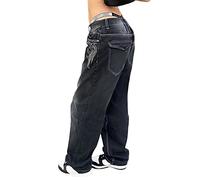 ORANDESIGNE A Noir Femme Y2K Jeans Taille Haute Jeans à Jambe Large Taille Basse Imprimé Vintage Baggy Hose Pantalon en Denim Droit Slim Flare Jean E-Girl Streetwear S